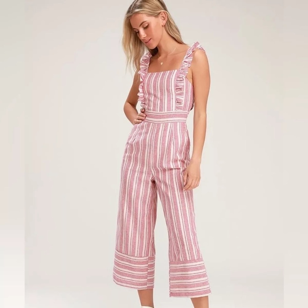 Lulus Emilia Rae Red Striped Ruffle Culotte Jumpsuit Size Small